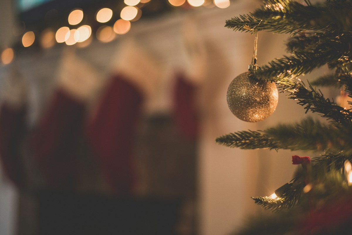 Handmade Christmas ornaments and warm holiday lights